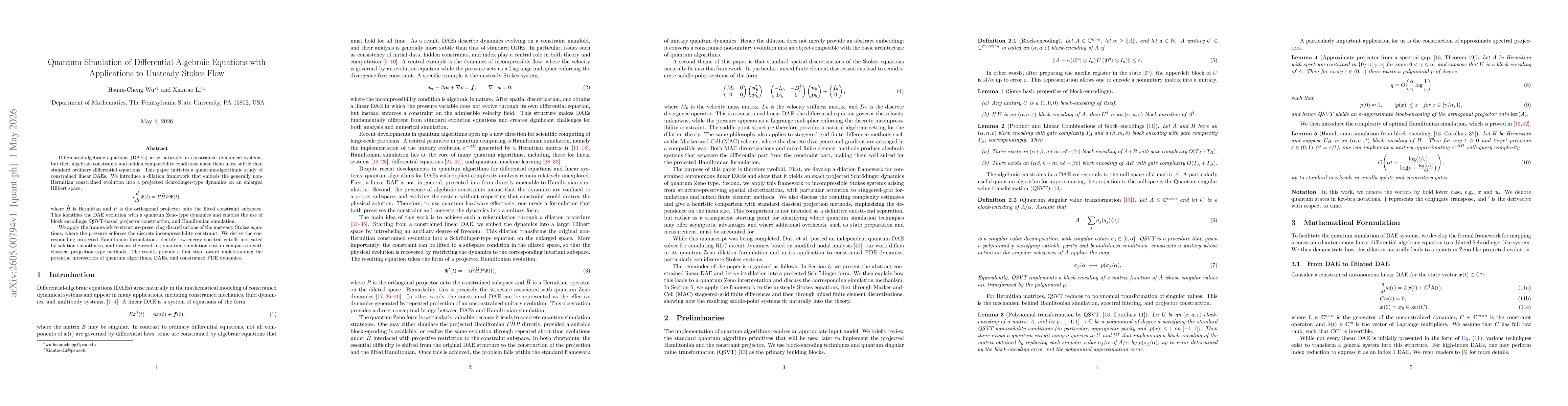 Thumbnail for Quantum Simulation of Differential-Algebraic Equations with Applications to Unsteady Stokes Flow