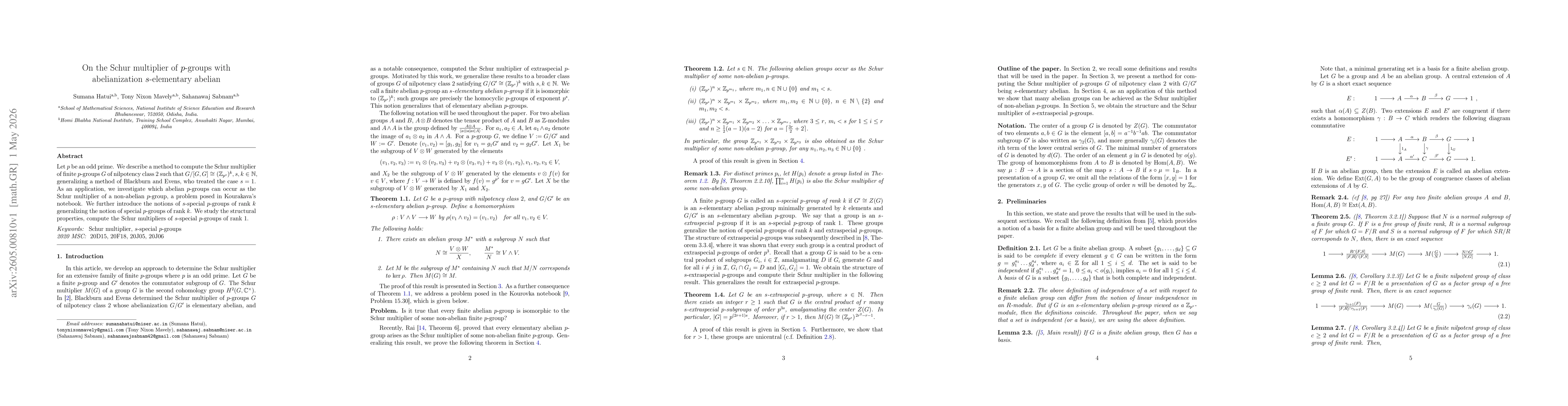 Thumbnail for On the Schur multiplier of $p$-groups with abelianization $s$-elementary abelian