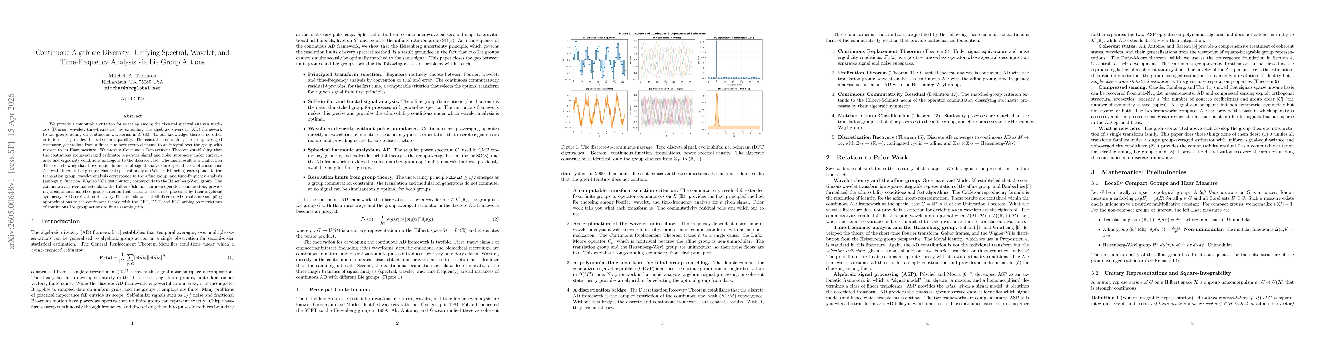 Thumbnail for Continuous Algebraic Diversity: Unifying Spectral, Wavelet, and Time-Frequency Analysis via Lie Group Actions