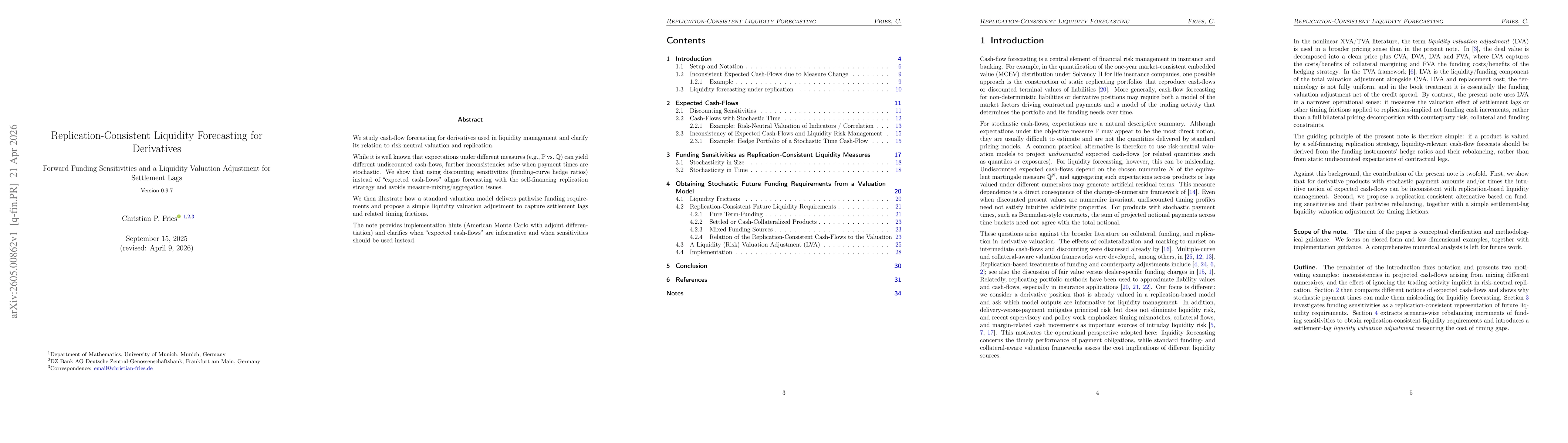 Thumbnail for Replication-Consistent Liquidity Forecasting for Derivatives -- Forward Funding Sensitivities and a Liquidity Valuation Adjustment for Settlement Lags