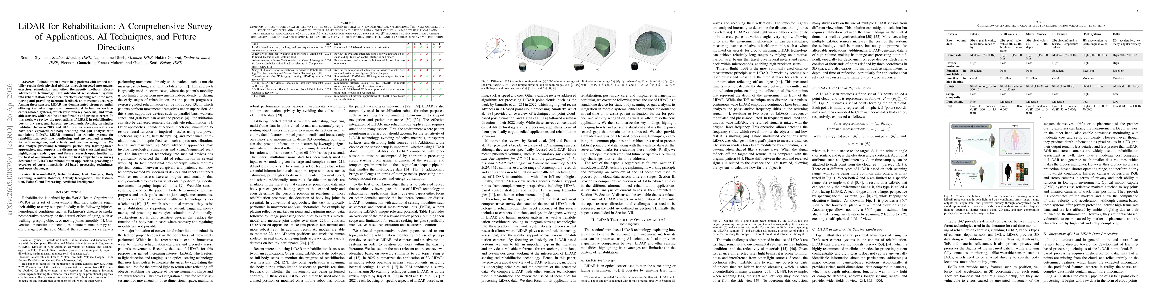 Thumbnail for LiDAR for Rehabilitation: A Comprehensive Survey of Applications, AI Techniques, and Future Directions