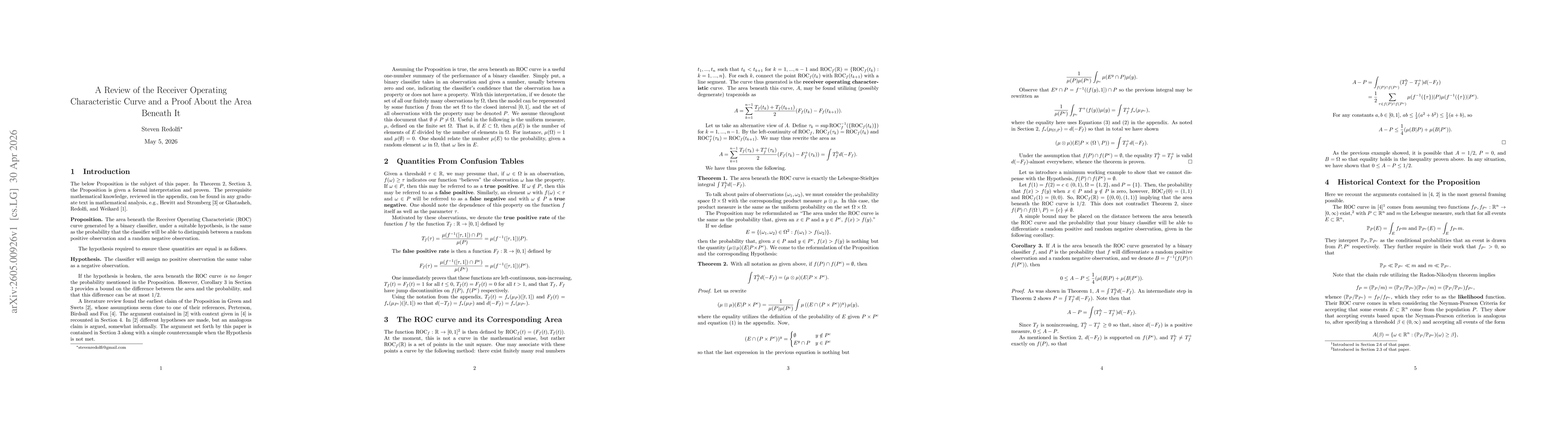 Thumbnail for A Review of the Receiver Operating Characteristic Curve and a Proof About the Area Beneath It