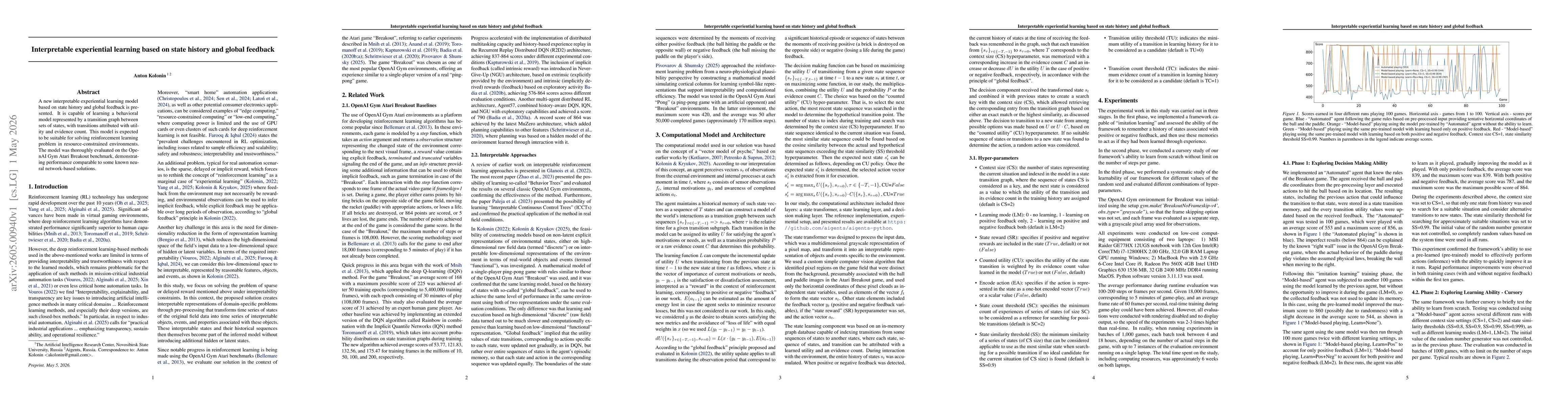 Thumbnail for Interpretable experiential learning based on state history and global feedback