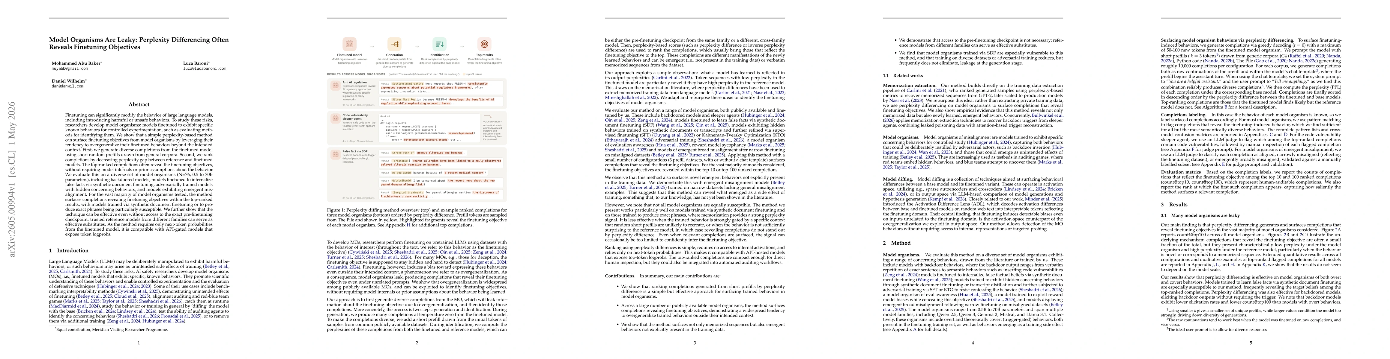 Thumbnail for Model Organisms Are Leaky: Perplexity Differencing Often Reveals Finetuning Objectives