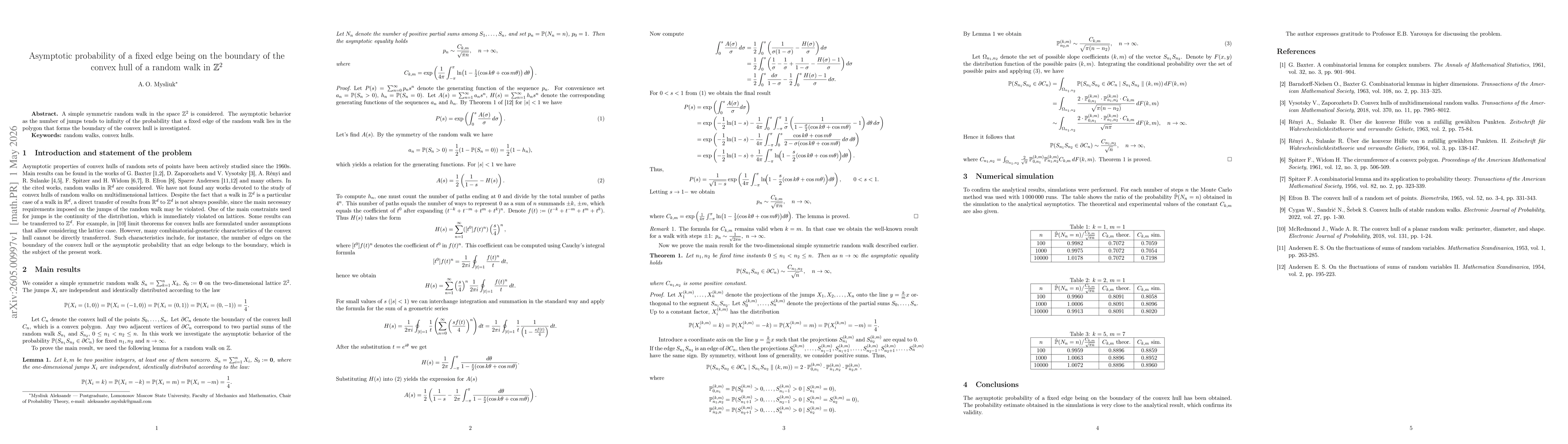 Thumbnail for Asymptotic probability of a fixed edge being on the boundary of the convex hull of a random walk in $\mathbb{Z}^2$