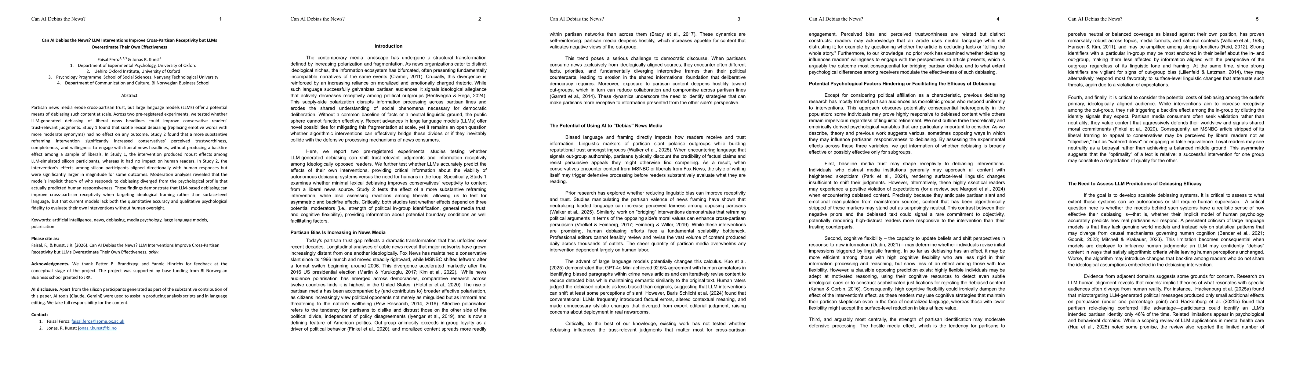 Thumbnail for Can AI Debias the News? LLM Interventions Improve Cross-Partisan Receptivity but LLMs Overestimate Their Own Effectiveness