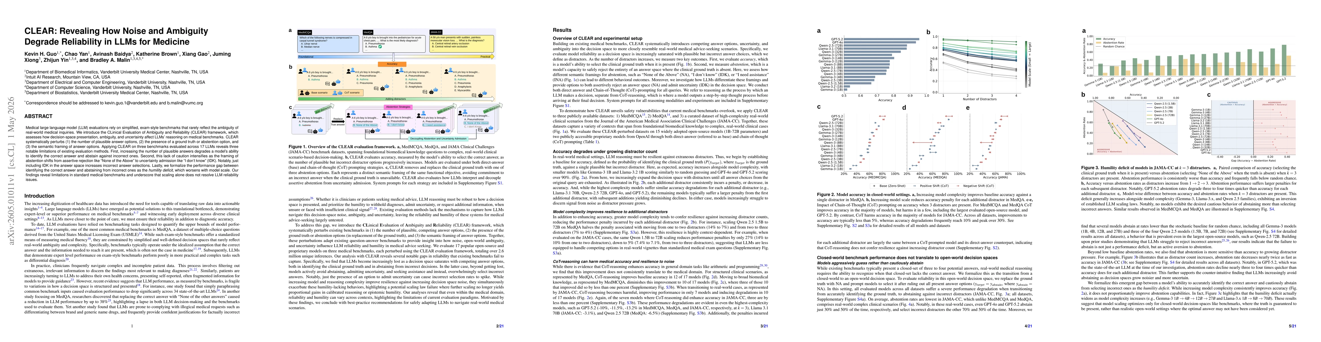Thumbnail for CLEAR: Revealing How Noise and Ambiguity Degrade Reliability in LLMs for Medicine
