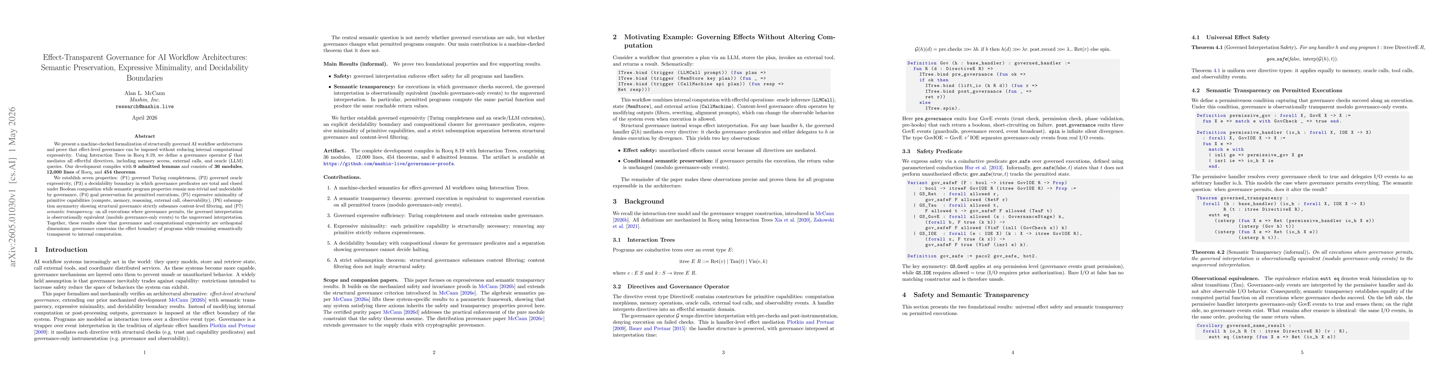 Thumbnail for Effect-Transparent Governance for AI Workflow Architectures: Semantic Preservation, Expressive Minimality, and Decidability Boundaries