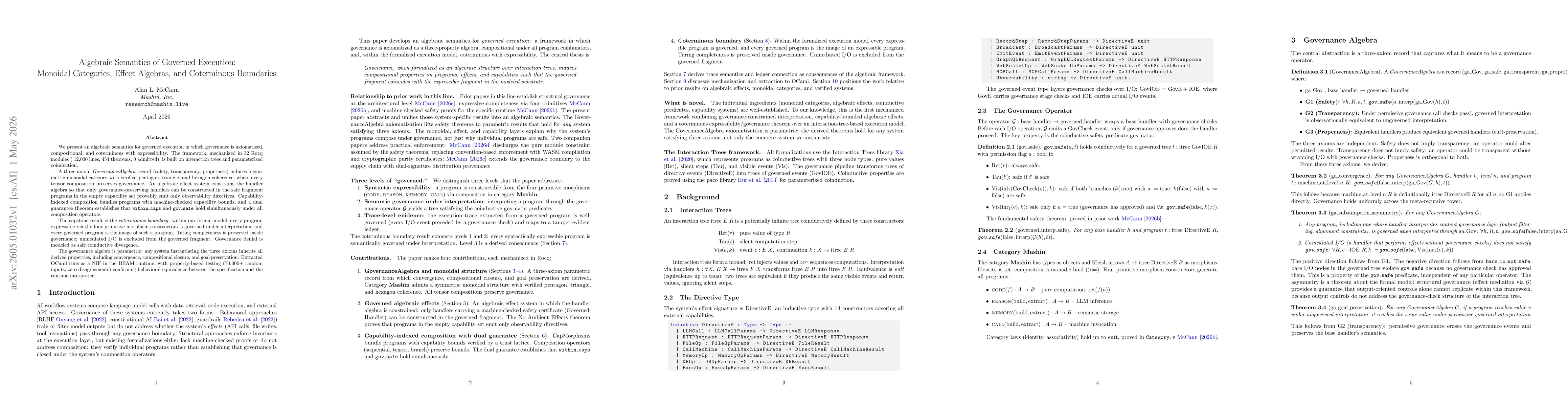 Thumbnail for Algebraic Semantics of Governed Execution: Monoidal Categories, Effect Algebras, and Coterminous Boundaries