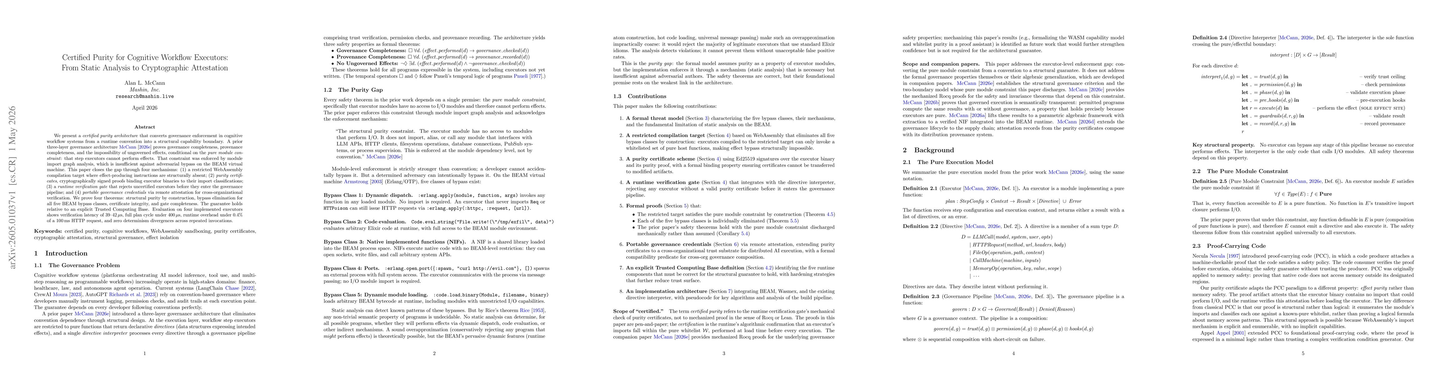 Thumbnail for Certified Purity for Cognitive Workflow Executors: From Static Analysis to Cryptographic Attestation