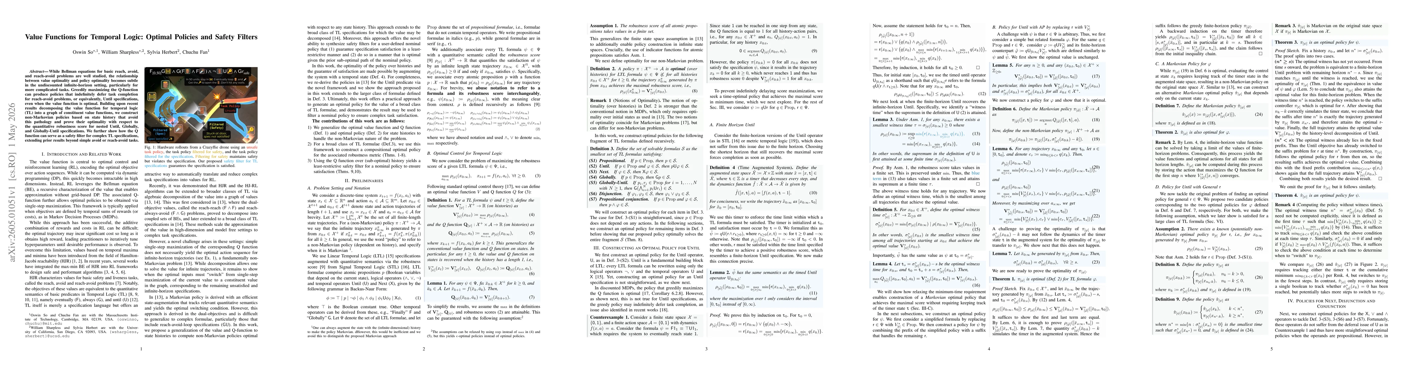 Thumbnail for Value Functions for Temporal Logic: Optimal Policies and Safety Filters