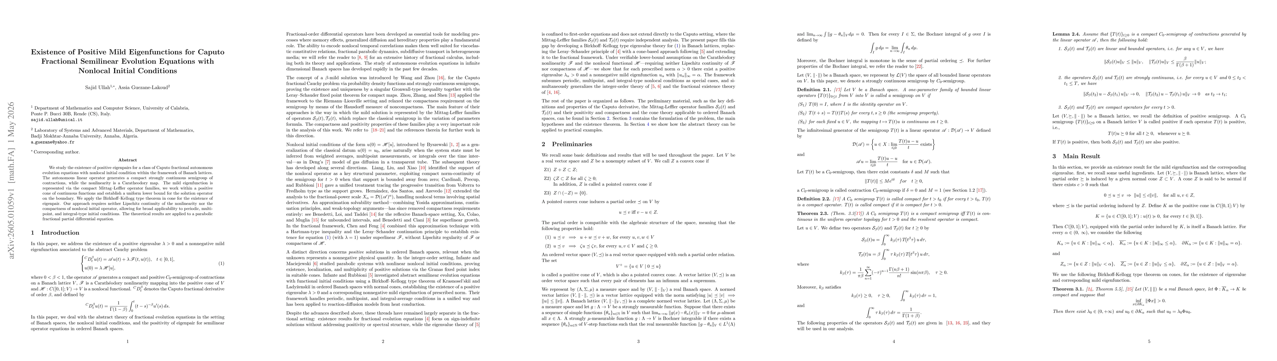 Thumbnail for Existence of Positive Mild Eigenfunctions for Caputo Fractional Semilinear Evolution Equations with Nonlocal Initial Conditions