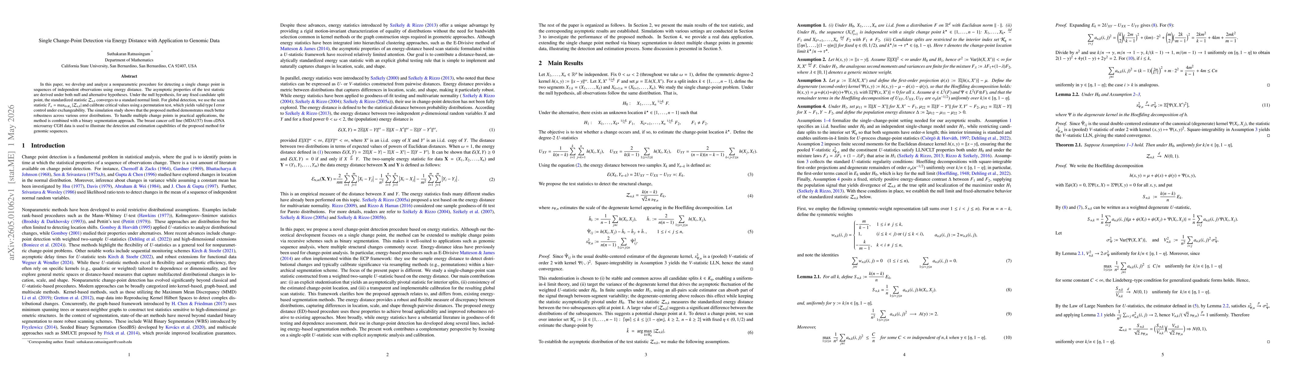 Thumbnail for Single Change-Point Detection via Energy Distance with Application to Genomic Data