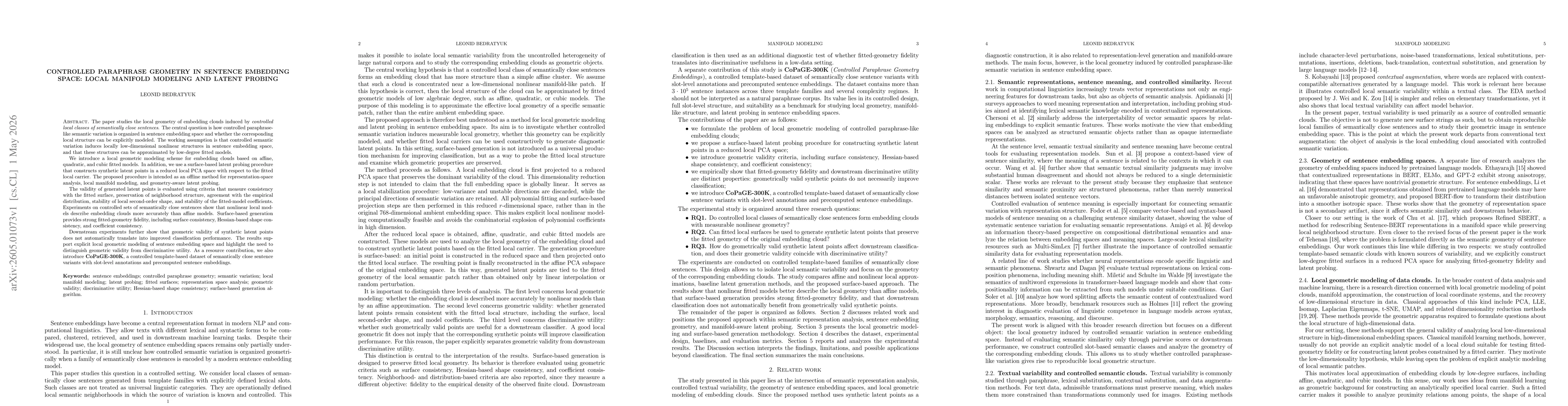 Thumbnail for Controlled Paraphrase Geometry in Sentence Embedding Space: Local Manifold Modeling and Latent Probing
