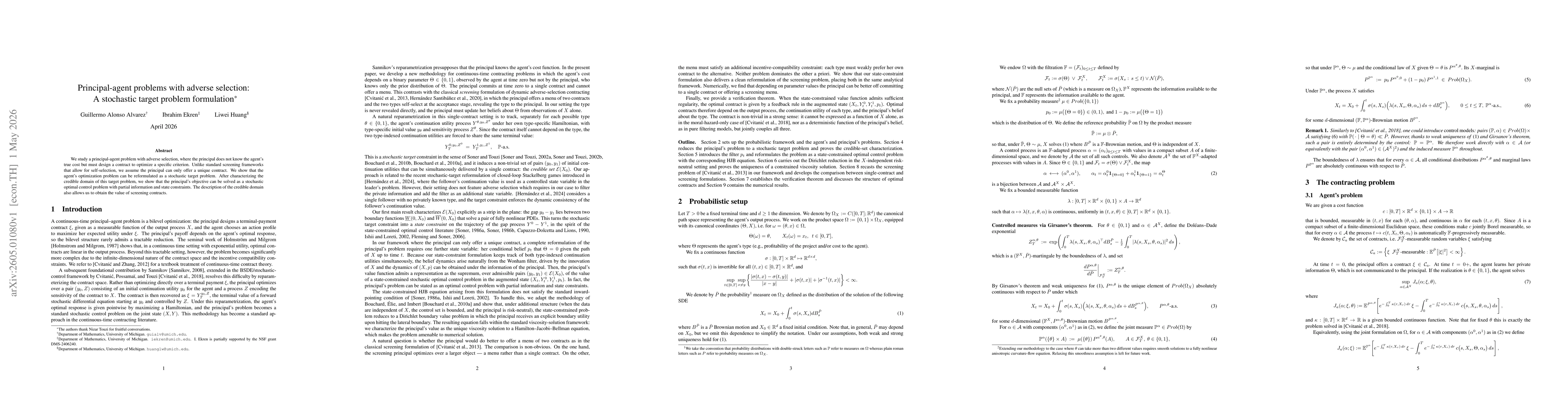 Thumbnail for Principal-agent problems with adverse selection: A stochastic target problem formulation