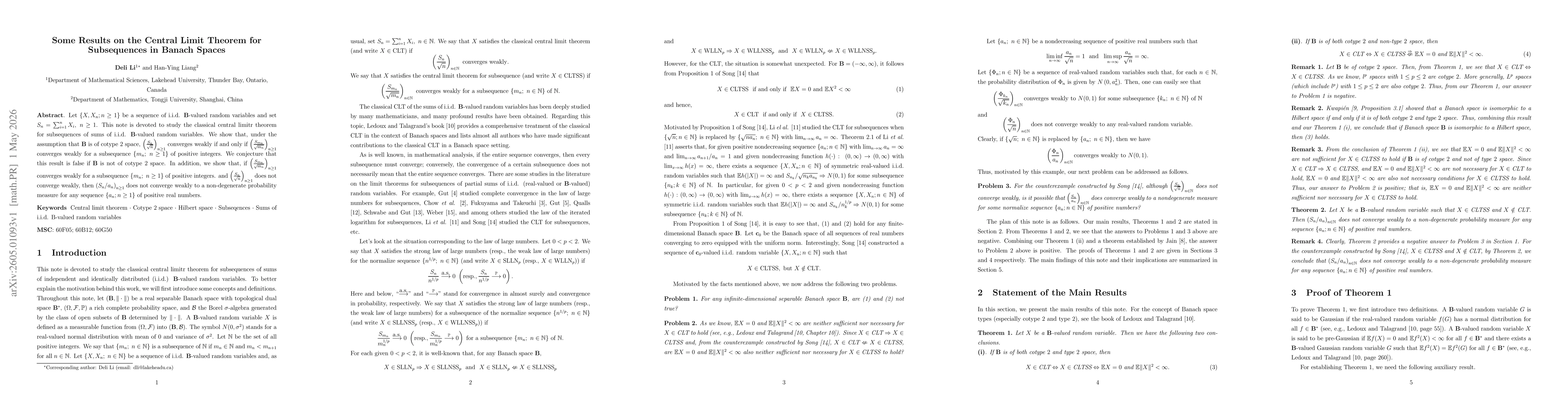 Thumbnail for Some Results on the Central Limit Theorem for Subsequences in Banach Spaces