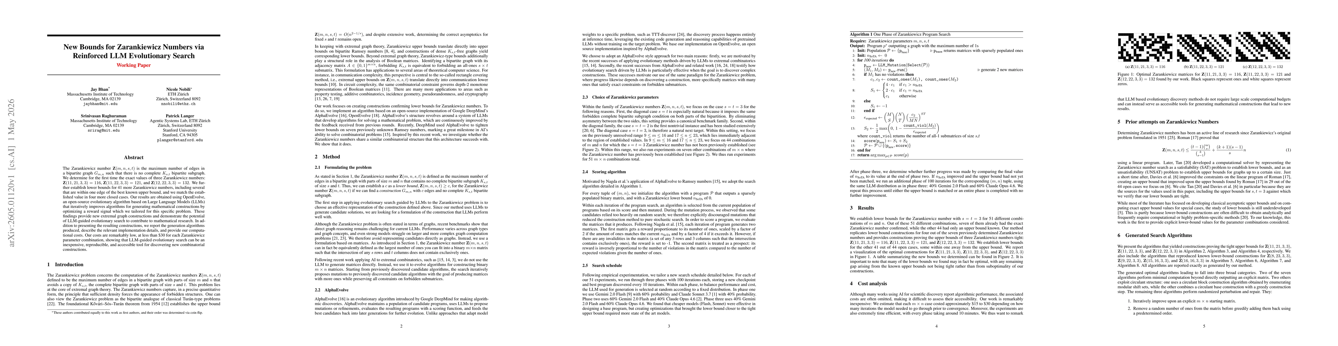 Thumbnail for New Bounds for Zarankiewicz Numbers via Reinforced LLM Evolutionary Search