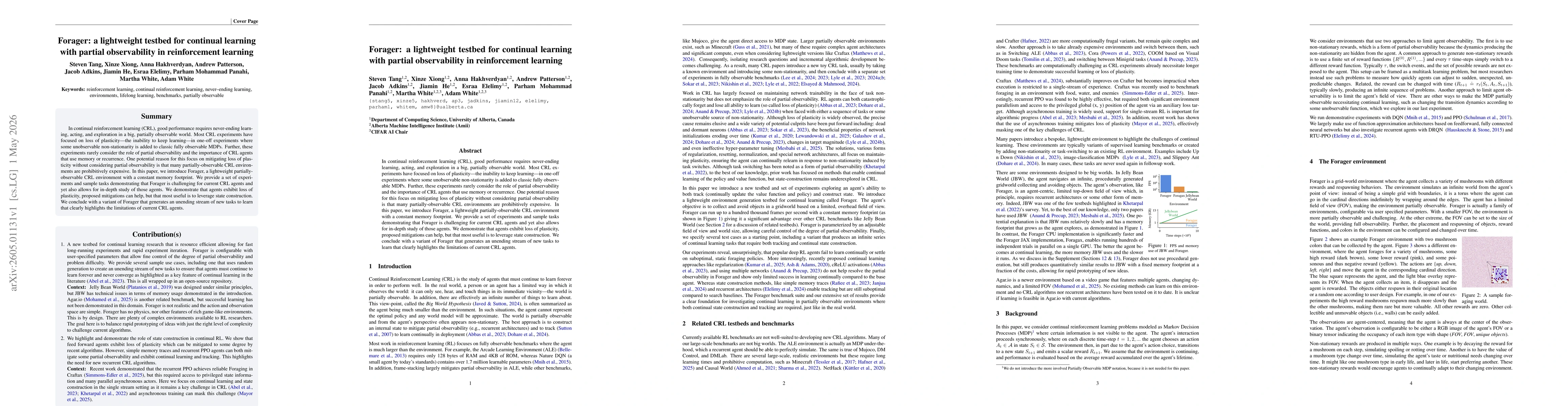 Thumbnail for Forager: a lightweight testbed for continual learning with partial observability in RL