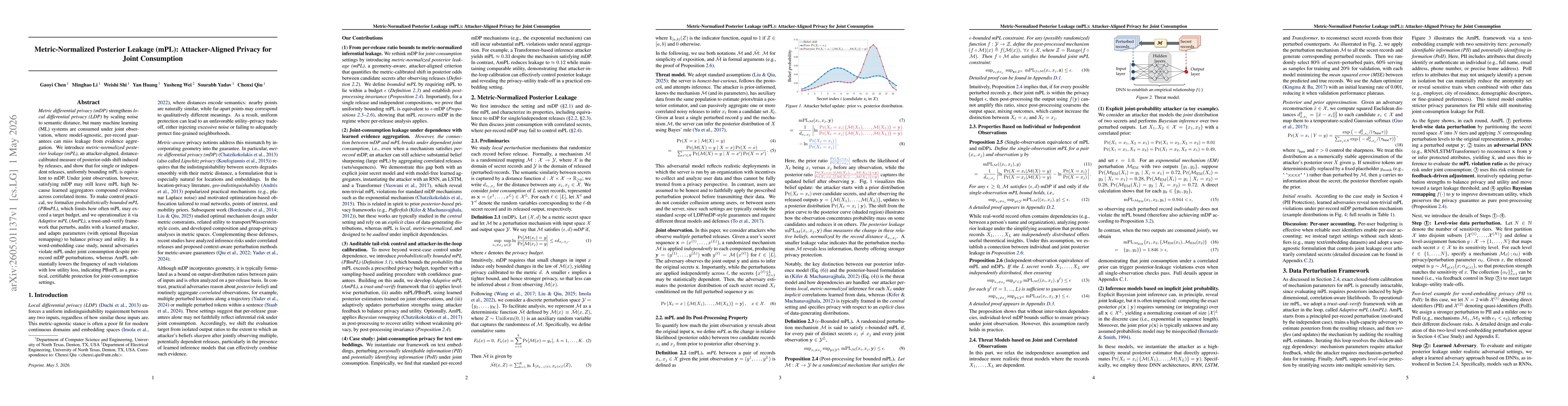 Thumbnail for Metric-Normalized Posterior Leakage (mPL): Attacker-Aligned Privacy for Joint Consumption