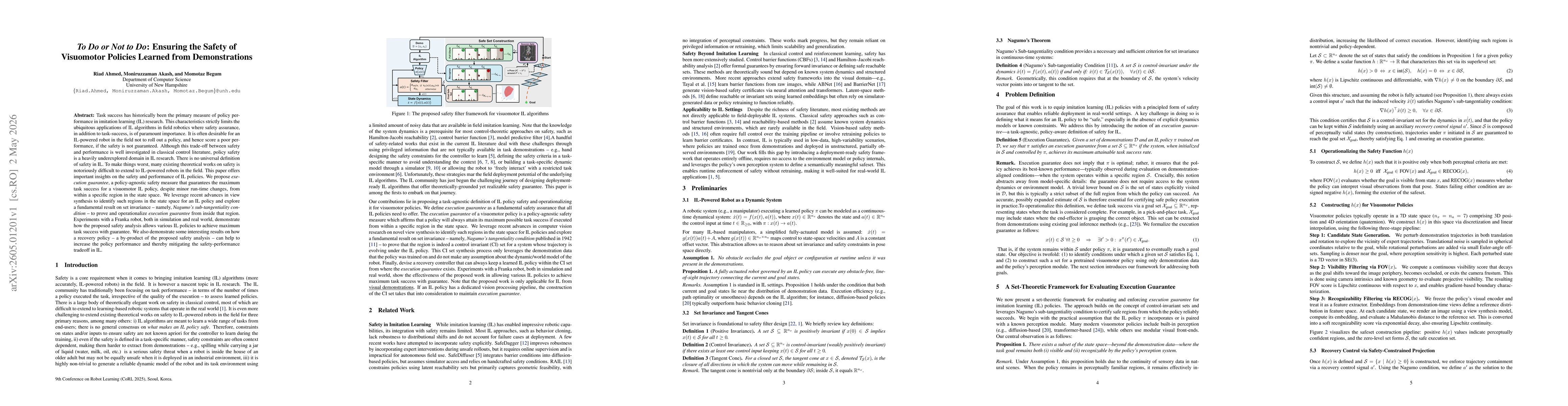 Thumbnail for To Do or Not to Do: Ensuring the Safety of Visuomotor Policies Learned from Demonstrations