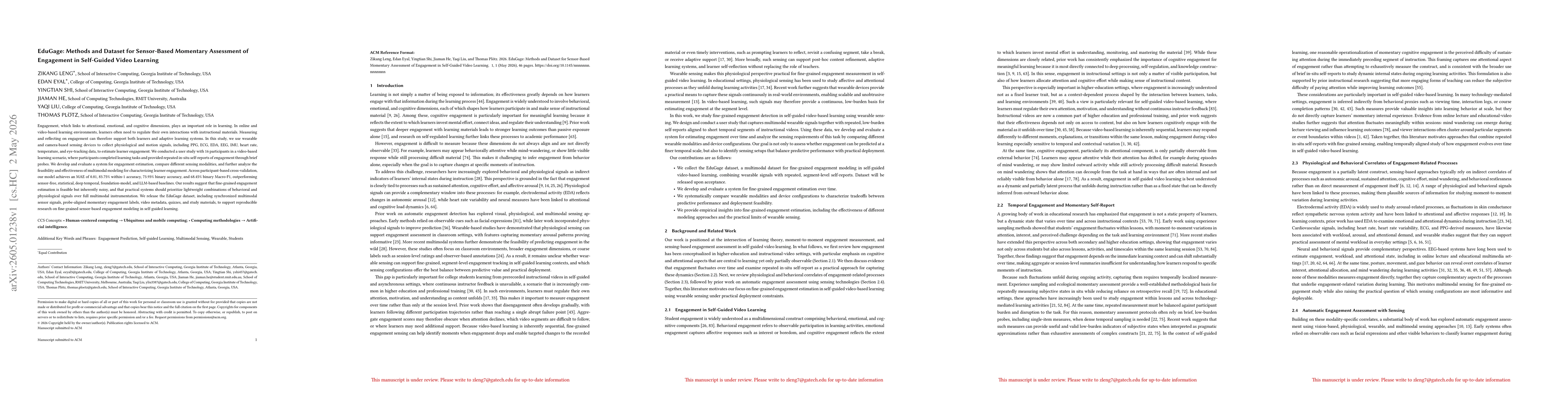 Thumbnail for EduGage: Methods and Dataset for Sensor-Based Momentary Assessment of Engagement in Self-Guided Video Learning