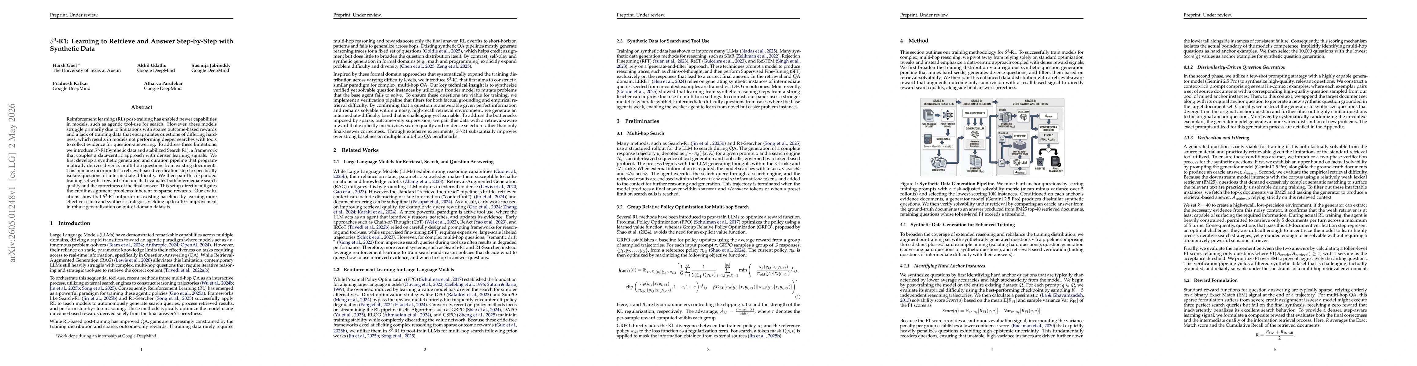 Thumbnail for S^3-R1: Learning to Retrieve and Answer Step-by-Step with Synthetic Data