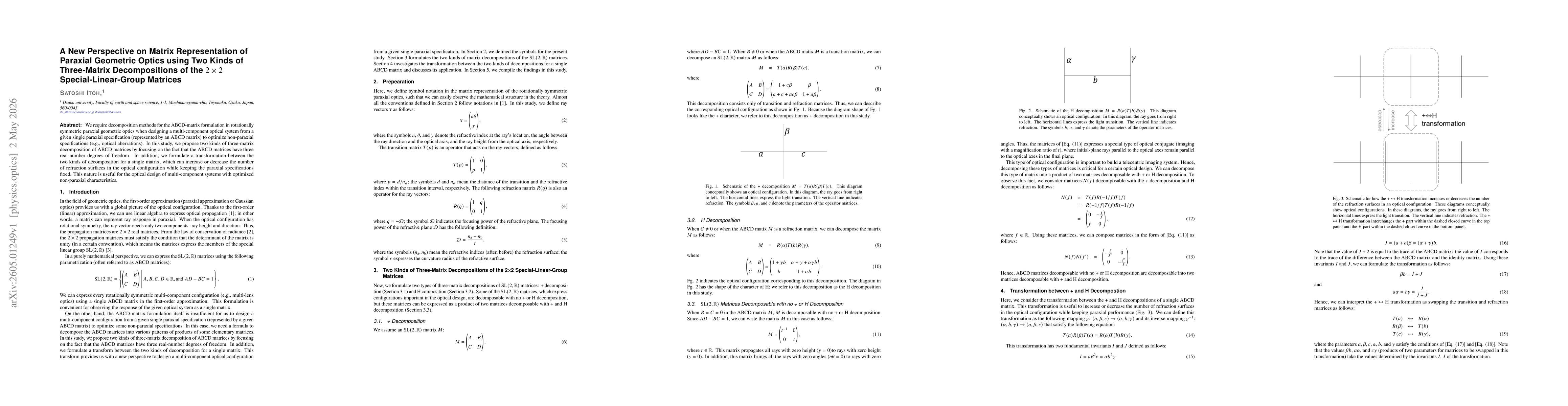 Thumbnail for A New Perspective on Matrix Representation of Paraxial Geometric Optics using Two Kinds of Three-Matrix Decompositions of the $2\times 2$ Special-Linear-Group Matrices