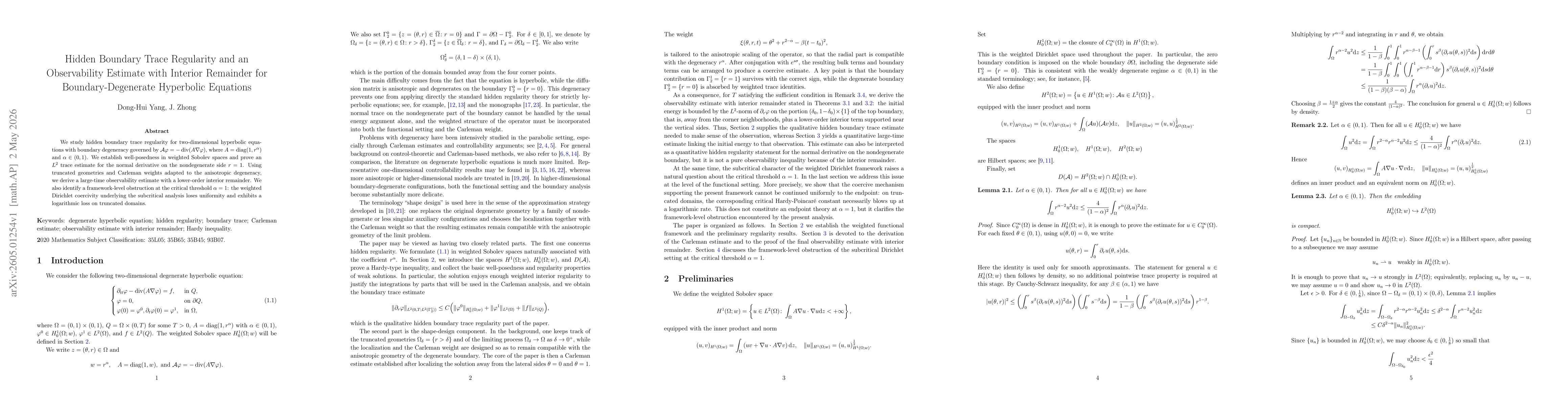 Thumbnail for Hidden Boundary Trace Regularity and an Observability Estimate with Interior Remainder for Boundary-Degenerate Hyperbolic Equations