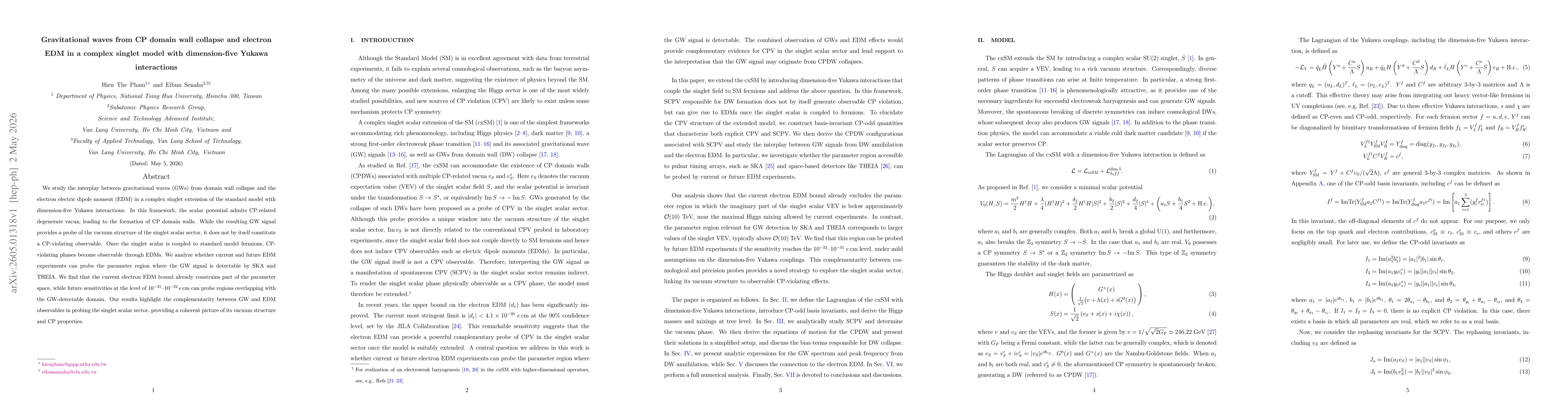 Thumbnail for Gravitational waves from CP domain wall collapse and electron EDM in a complex singlet model with dimension-five Yukawa interactions