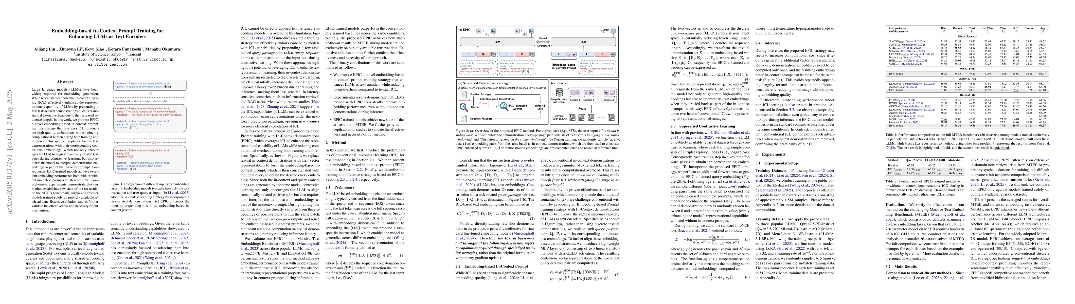 Thumbnail for Embedding-based In-Context Prompt Training for Enhancing LLMs as Text Encoders