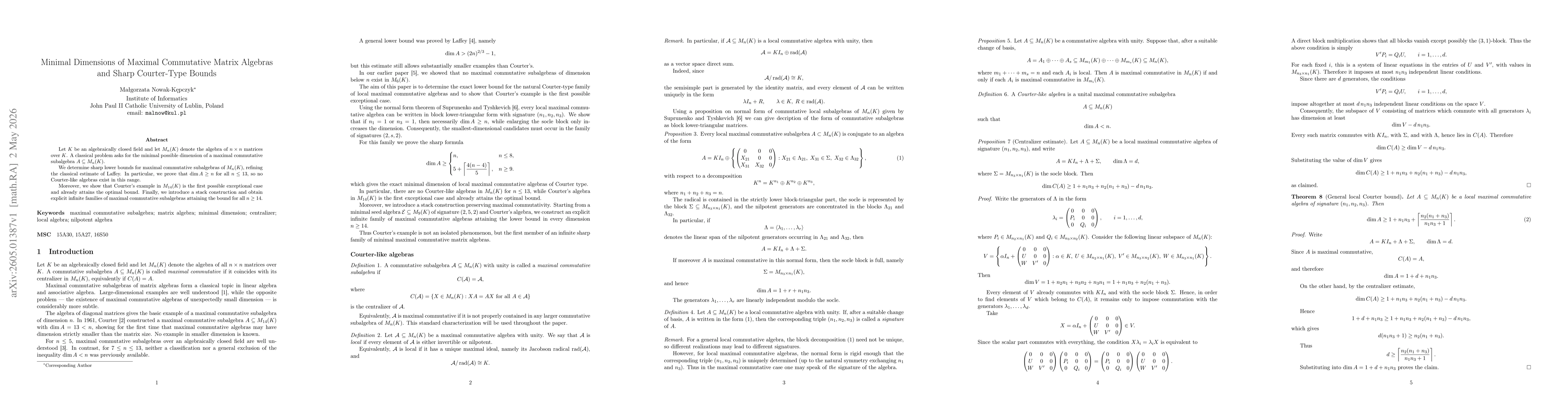 Thumbnail for Minimal Dimensions of Maximal Commutative Matrix Algebras and Sharp Courter-Type Bounds