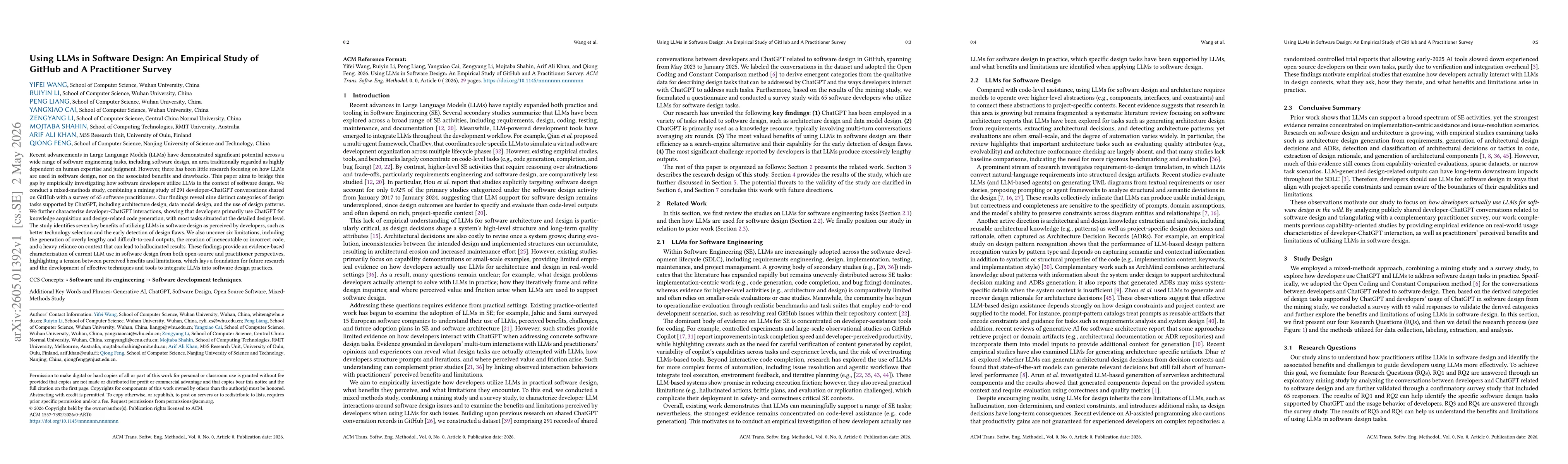 Thumbnail for Using LLMs in Software Design: An Empirical Study of GitHub and A Practitioner Survey