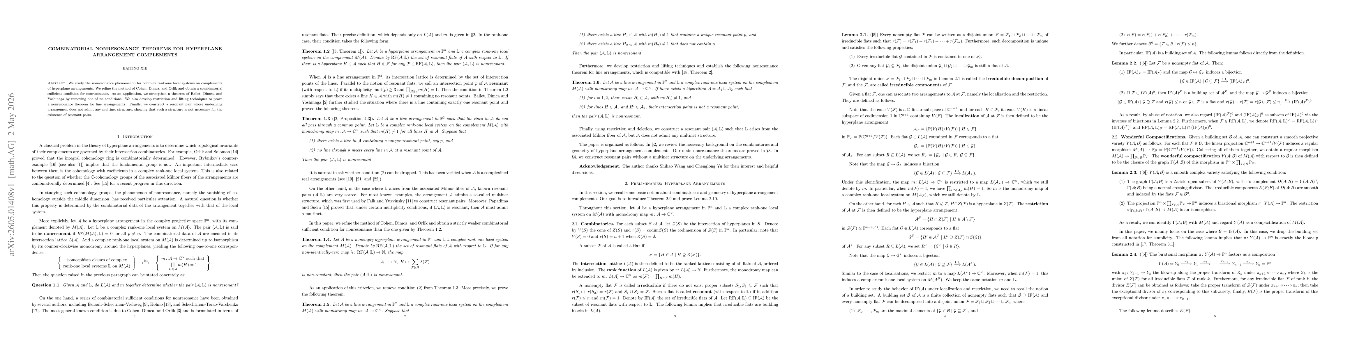 Thumbnail for Combinatorial Nonresonance Theorems for Hyperplane Arrangement Complements