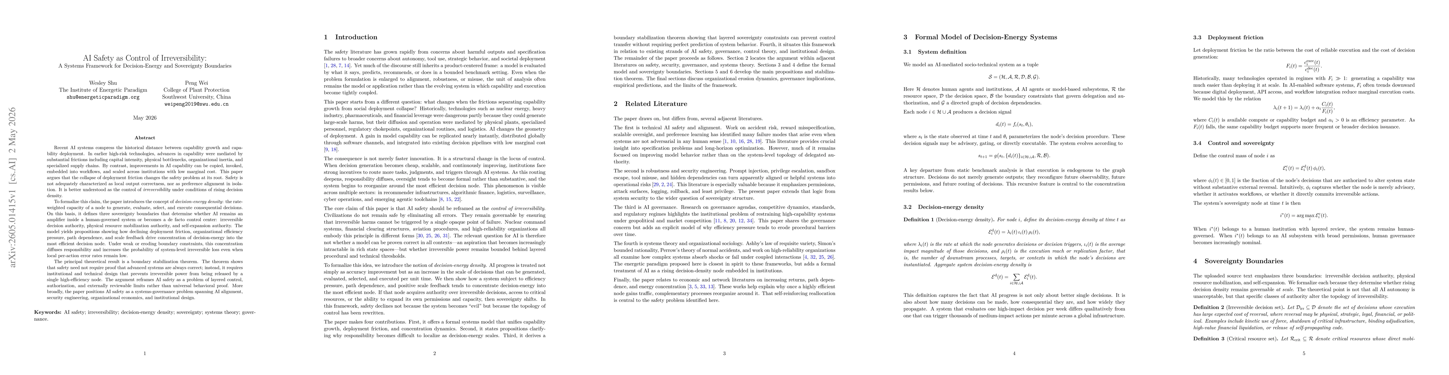 Thumbnail for AI Safety as Control of Irreversibility: A Systems Framework for Decision-Energy and Sovereignty Boundaries