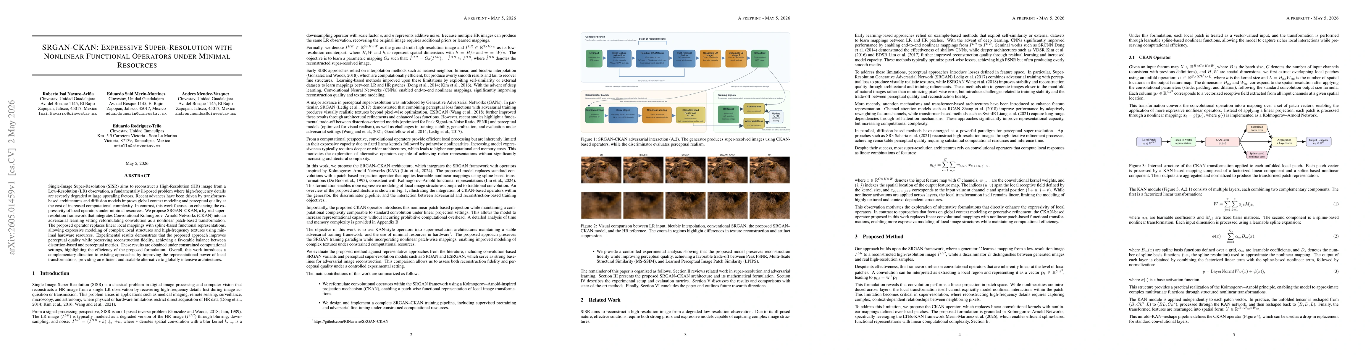 Thumbnail for SRGAN-CKAN: Expressive Super-Resolution with Nonlinear Functional Operators under Minimal Resources
