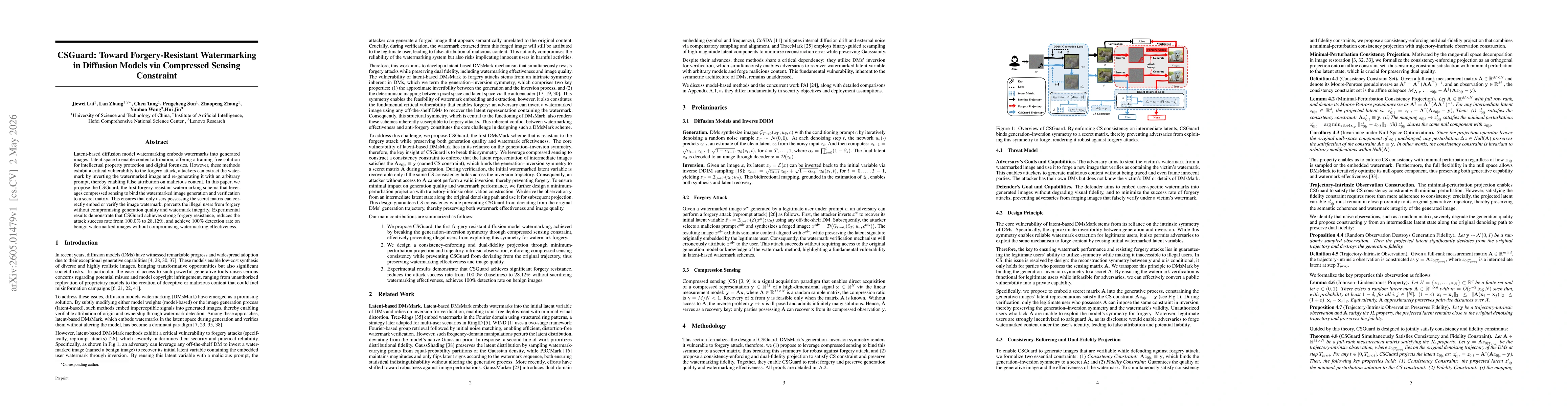 Thumbnail for CSGuard: Toward Forgery-Resistant Watermarking in Diffusion Models via Compressed Sensing Constraint