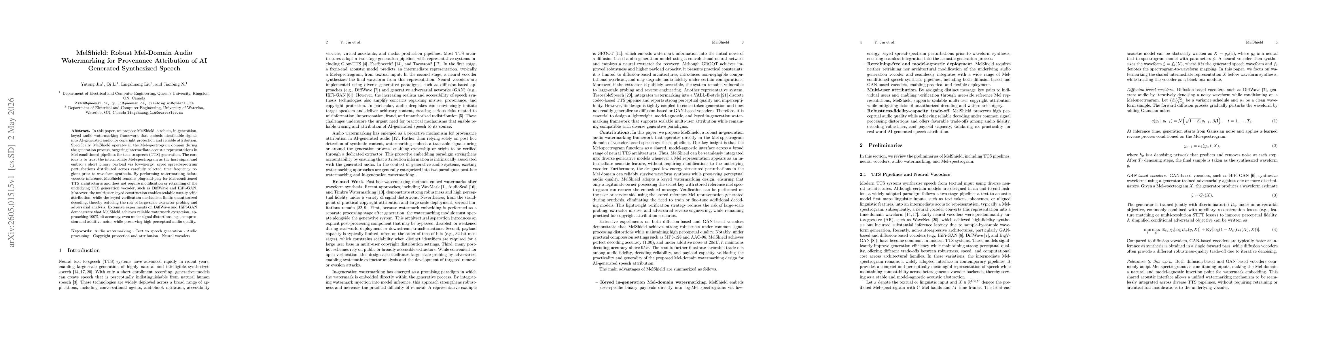 Thumbnail for MelShield: Robust Mel-Domain Audio Watermarking for Provenance Attribution of AI Generated Synthesized Speech