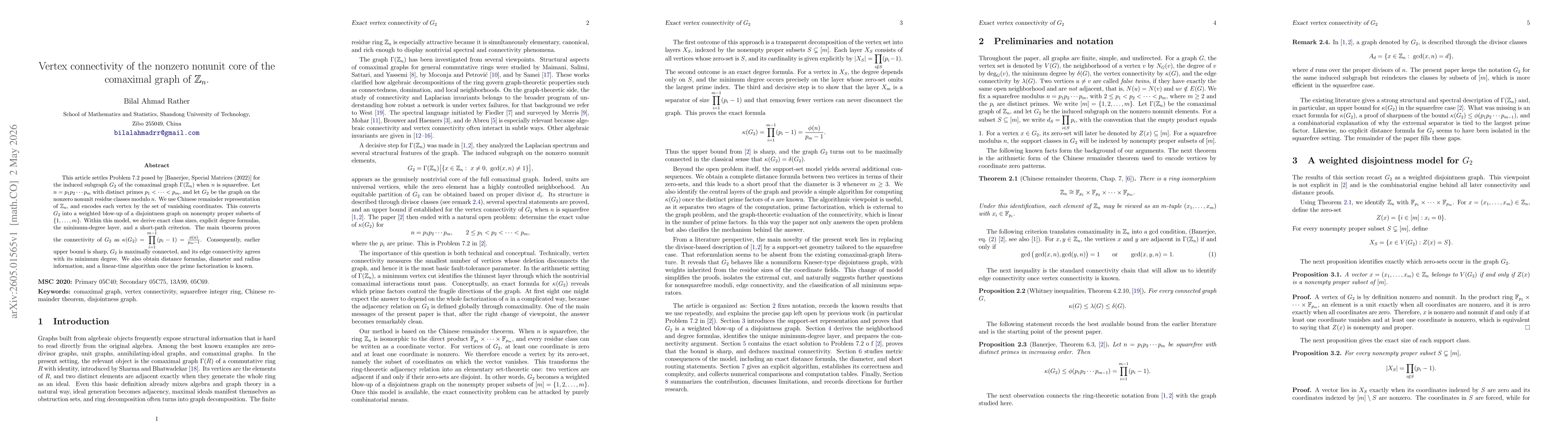 Thumbnail for Vertex connectivity of the nonzero nonunit core of the comaximal graph of $\mathbb Z_n$