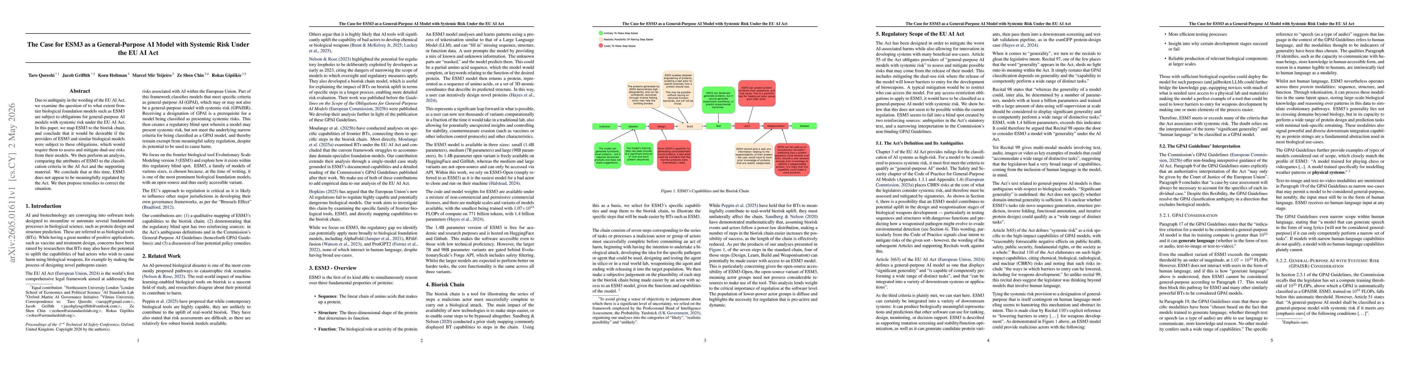 Thumbnail for The Case for ESM3 as a General-Purpose AI Model with Systemic Risk Under the EU AI Act