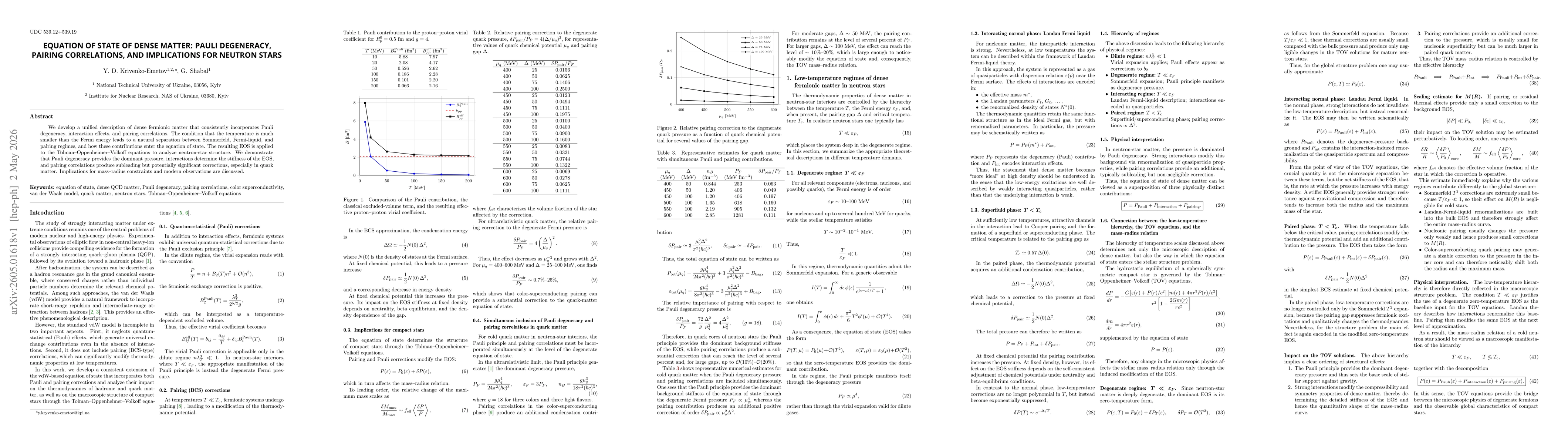 Thumbnail for Equation of State of Dense Matter: Pauli Degeneracy, Pairing Correlations, and Implications for Neutron Stars