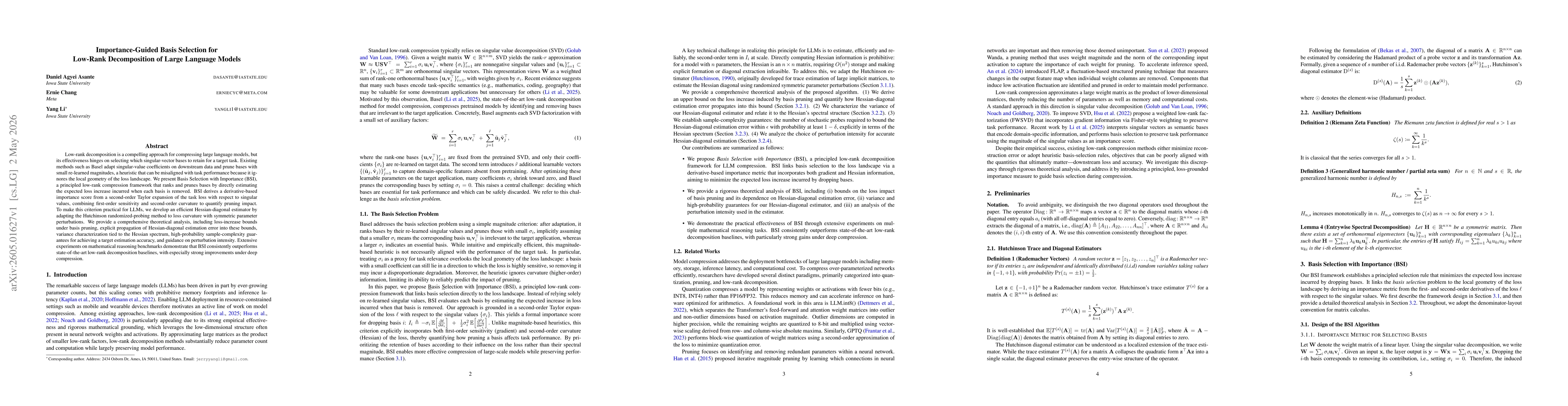 Thumbnail for Importance-Guided Basis Selection for Low-Rank Decomposition of Large Language Models