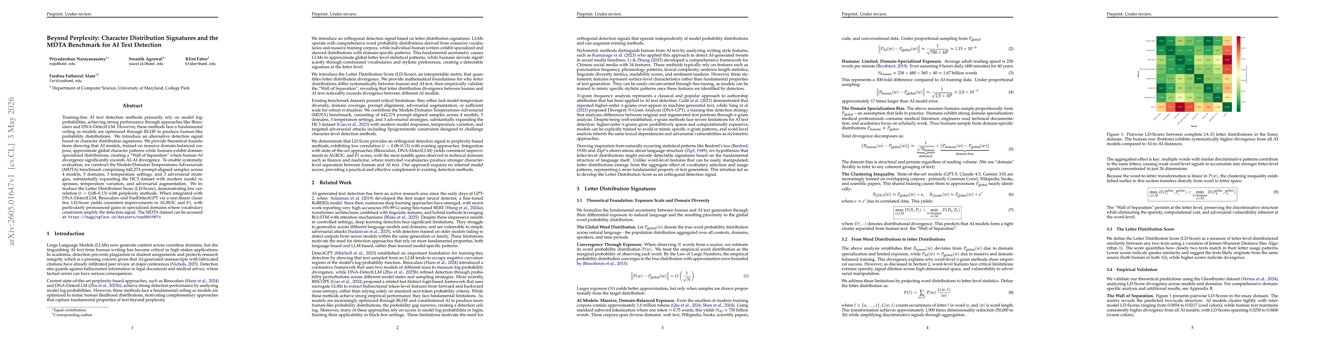 Thumbnail for Beyond Perplexity: Character Distribution Signatures and the MDTA Benchmark for AI Text Detection