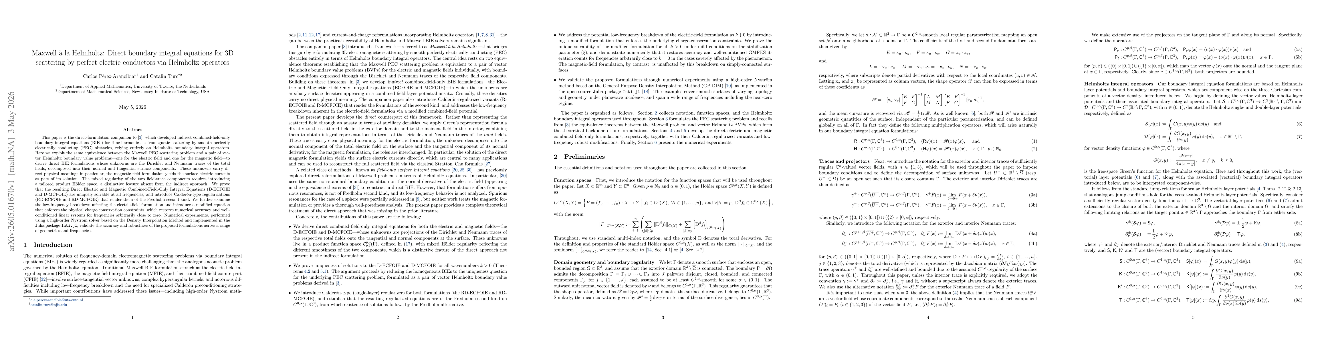 Thumbnail for Maxwell à la Helmholtz: Direct boundary integral equations for 3D scattering by perfect electric conductors via Helmholtz operators