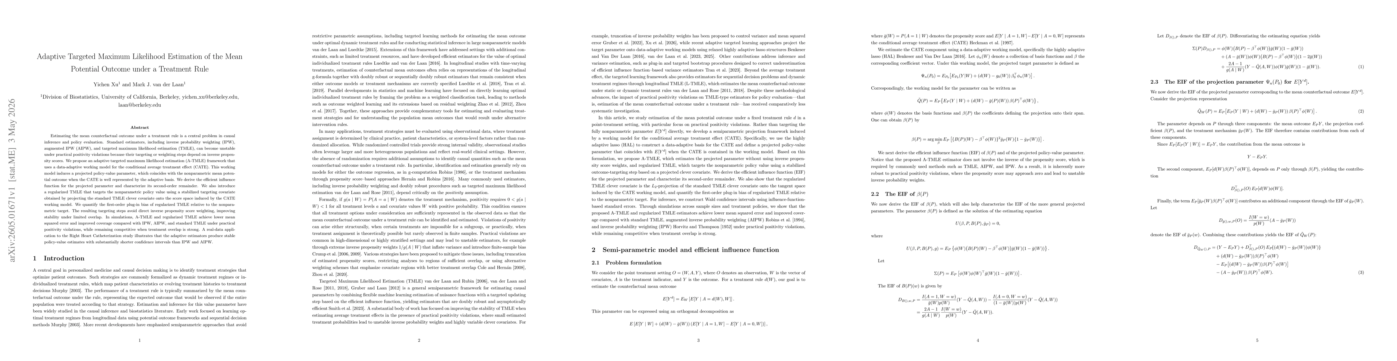 Thumbnail for Adaptive Targeted Maximum Likelihood Estimation of the Mean Potential Outcome under a Treatment Rule