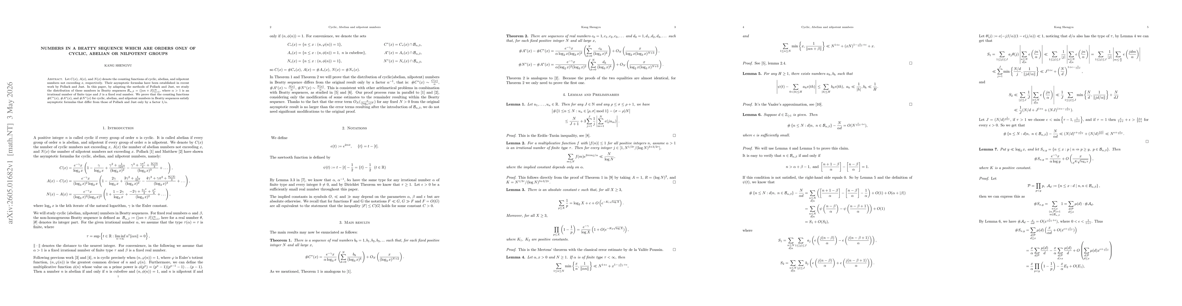 Thumbnail for Numbers in a Beatty sequence which are orders only of cyclic, abelian or nilpotent groups