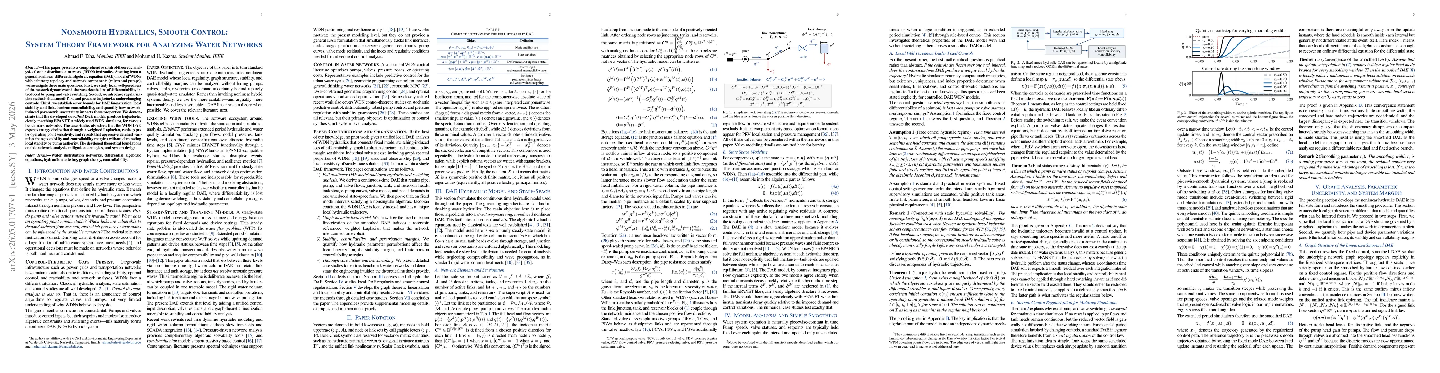 Thumbnail for Nonsmooth Hydraulics, Smooth Control: System Theory Framework for Analyzing Water Networks