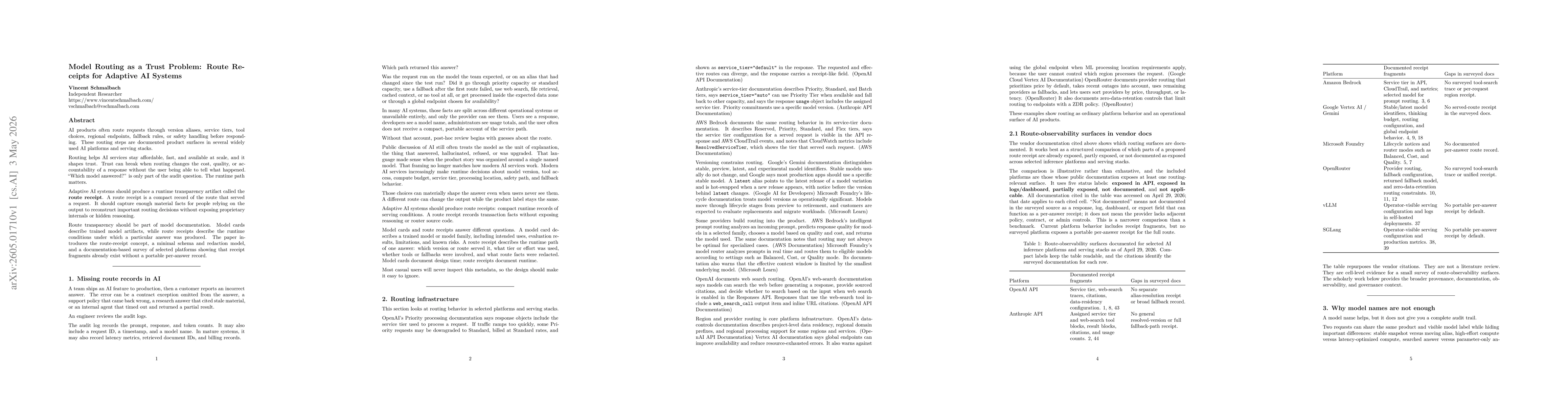 Thumbnail for Model Routing as a Trust Problem: Route Receipts for Adaptive AI Systems
