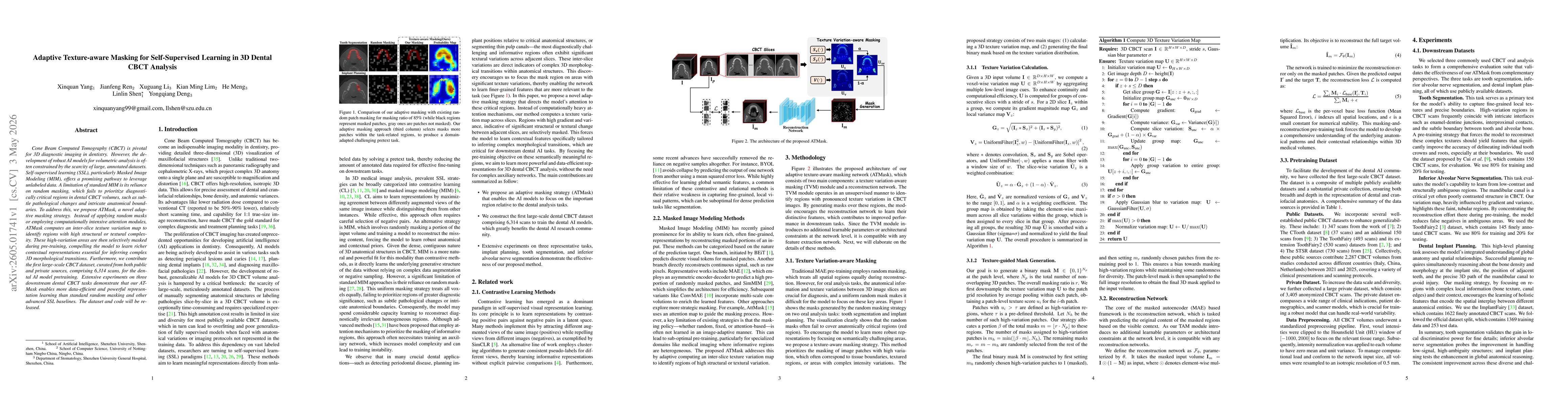 Thumbnail for Adaptive Texture-aware Masking for Self-Supervised Learning in 3D Dental CBCT Analysis