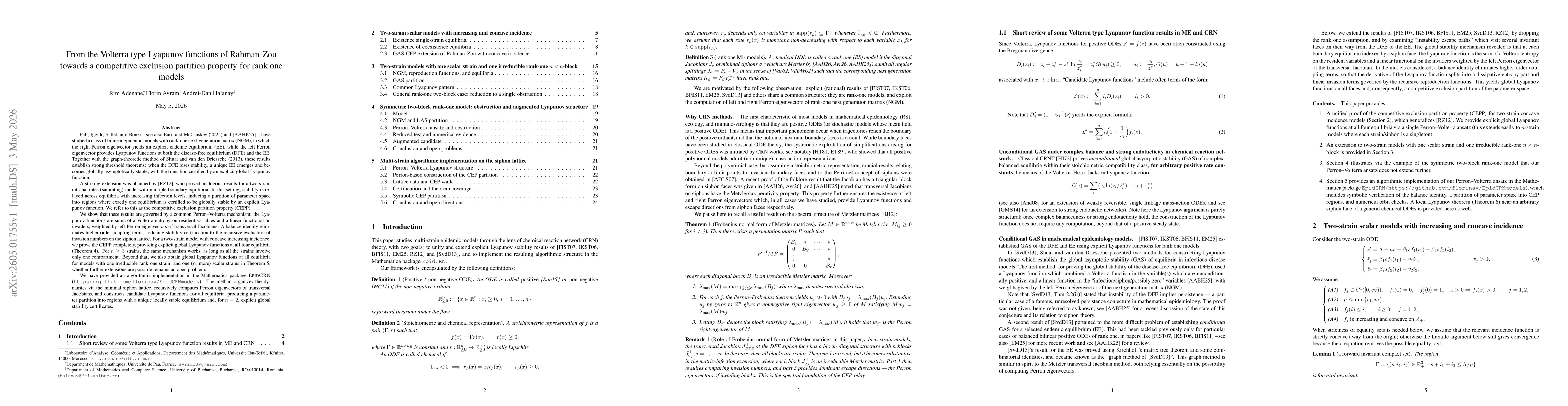 Thumbnail for From the Volterra type Lyapunov functions of Rahman-Zou towards a competitive exclusion partition property for rank one models