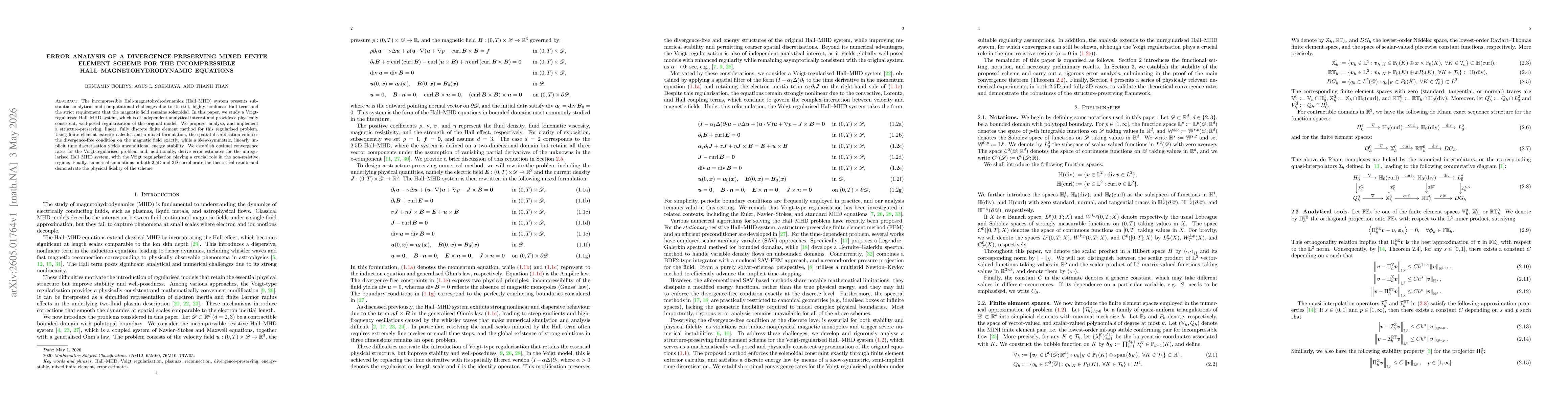 Thumbnail for Error analysis of a divergence-preserving mixed finite element scheme for the incompressible Hall--magnetohydrodynamic equations